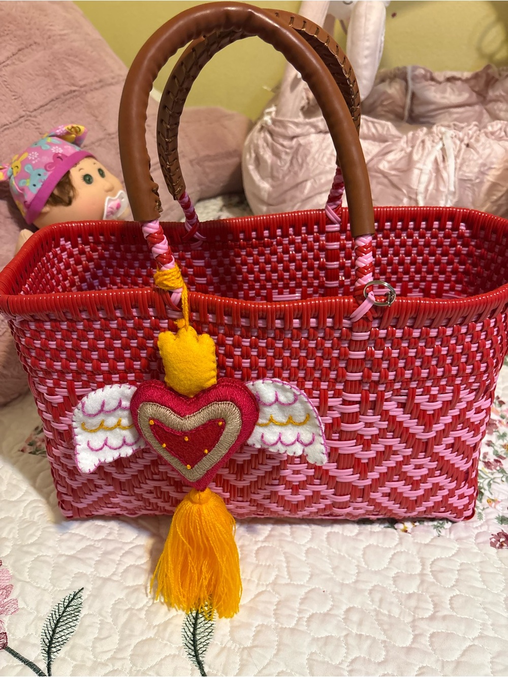 Woven Red and Pink Tote Bag with Heart Tassel